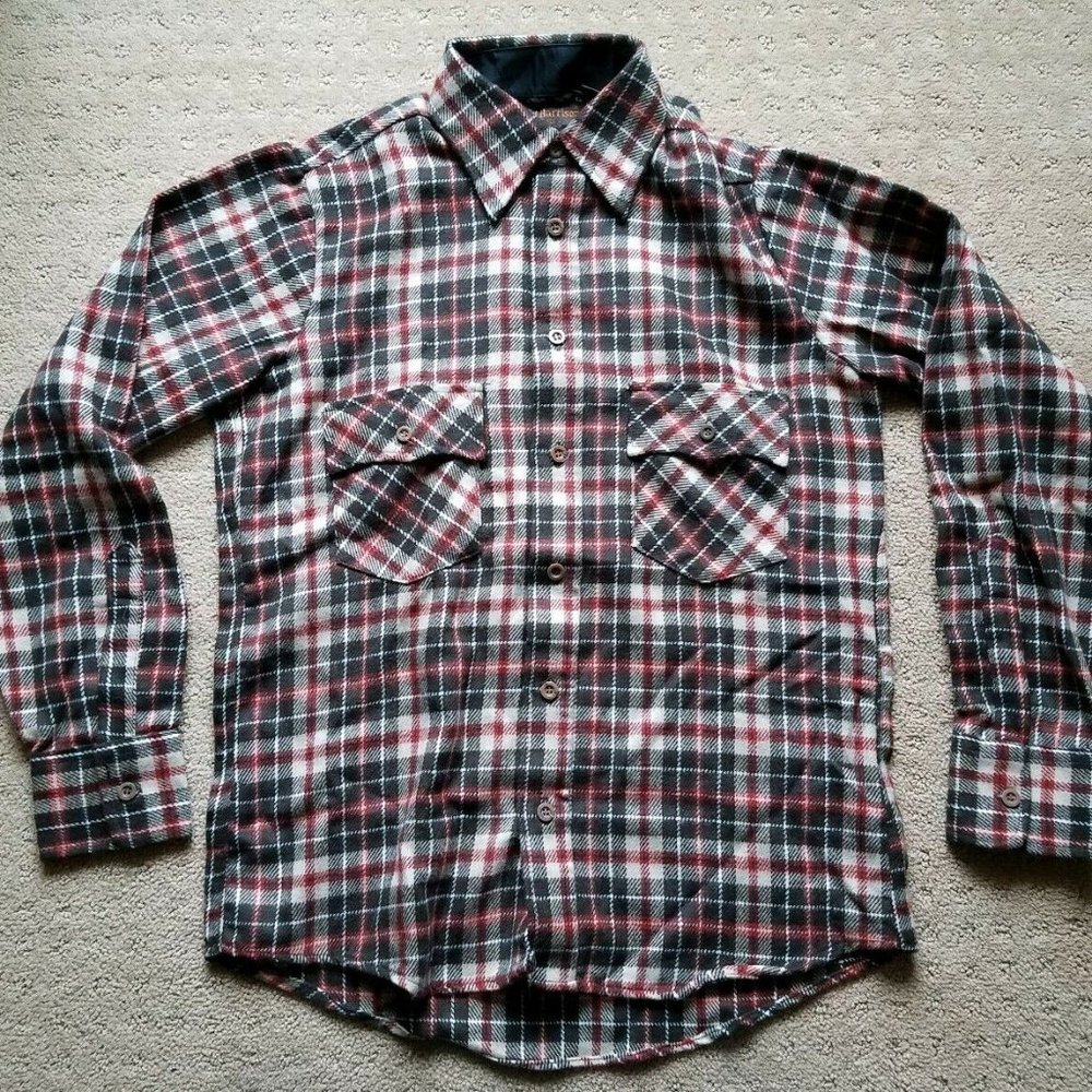 VTG David Harrison Brown Plaid Flannel Shirt S 14